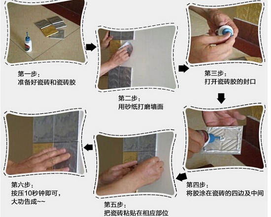 使用瓷砖专用胶的贴砖流程（用过的瓷砖也要打磨一下-此图未标明）