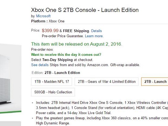 xbox one s限定版在亚马逊上的报价及相关信息