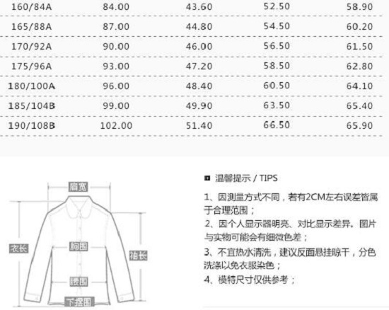 尺码对照表