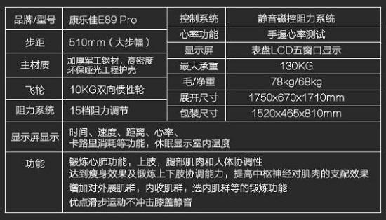 康乐佳E89椭圆机的主要参数