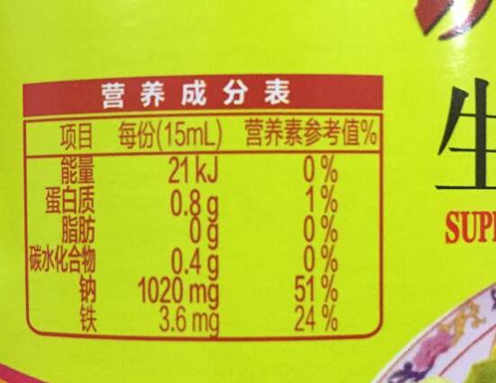 某补铁酱油产品营养成分表