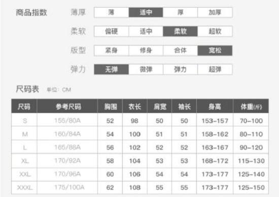 某品牌服装尺码对照表