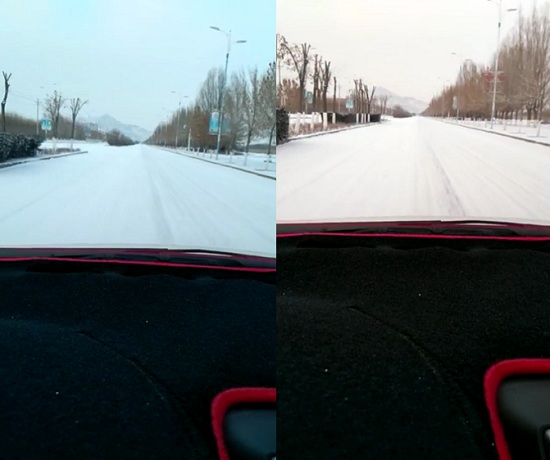 刚下完雪的路面上行车