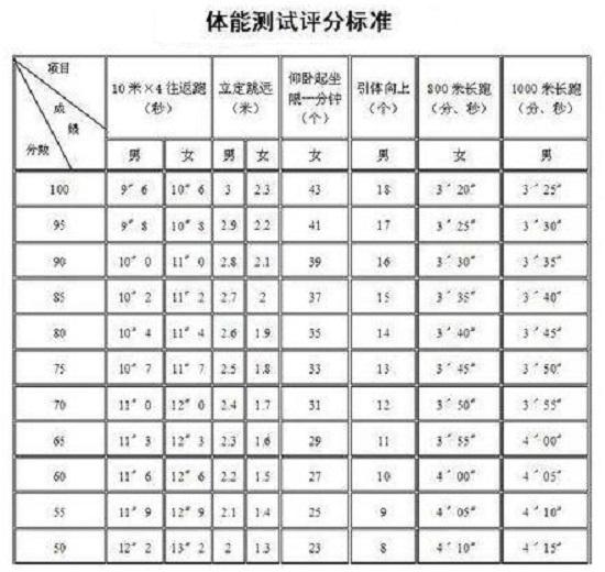 体能测试评分标准（某单位）
